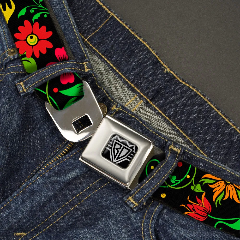 BD Wings Logo CLOSE-UP Full Color Black Silver Seatbelt Belt - Floral Collage2 Black/Red/Orange/Green Webbing