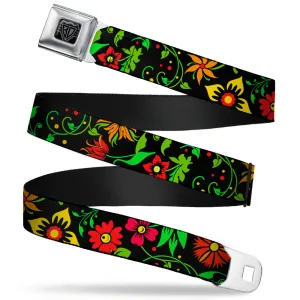 BD Wings Logo CLOSE-UP Full Color Black Silver Seatbelt Belt - Floral Collage2 Black/Red/Orange/Green Webbing