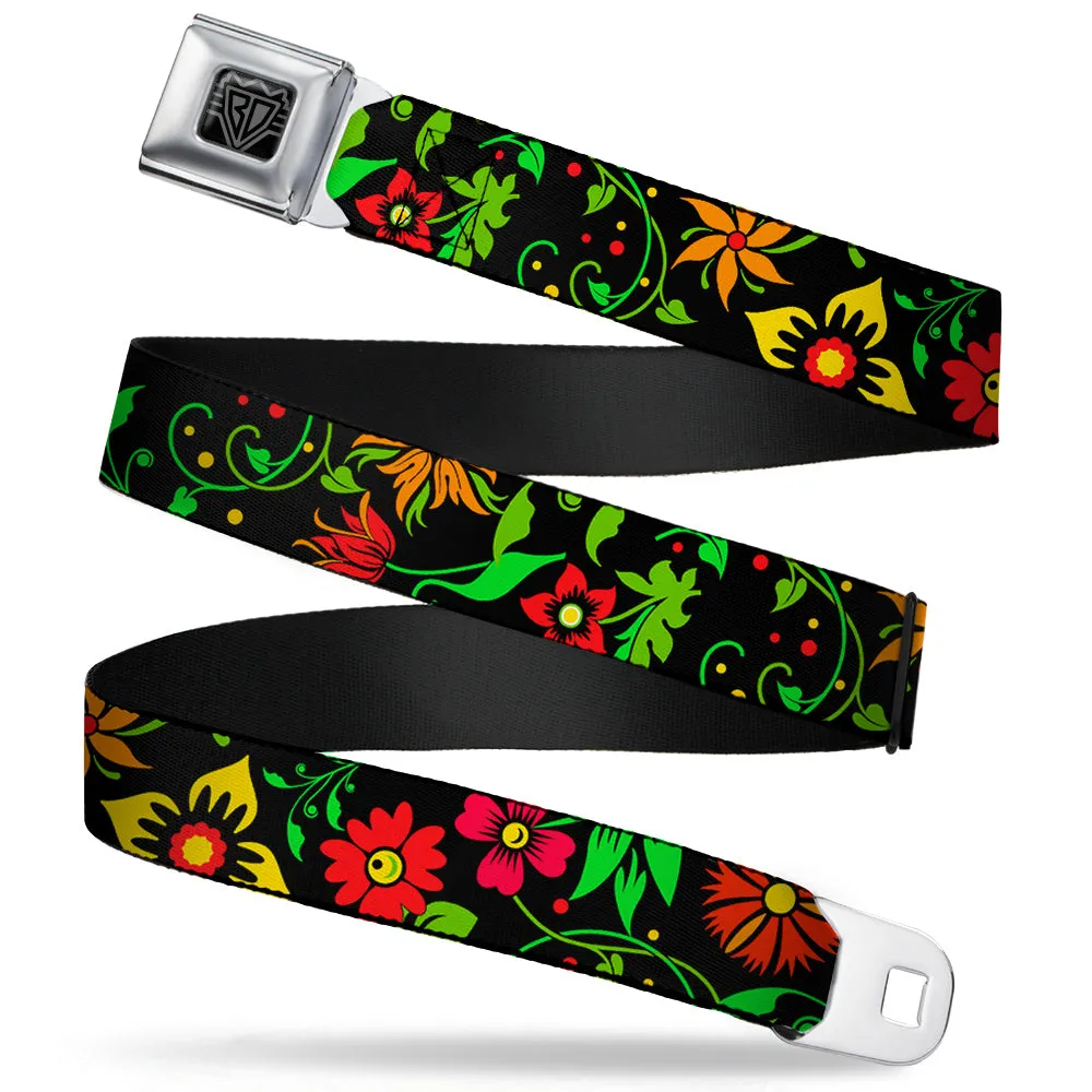 BD Wings Logo CLOSE-UP Full Color Black Silver Seatbelt Belt - Floral Collage2 Black/Red/Orange/Green Webbing