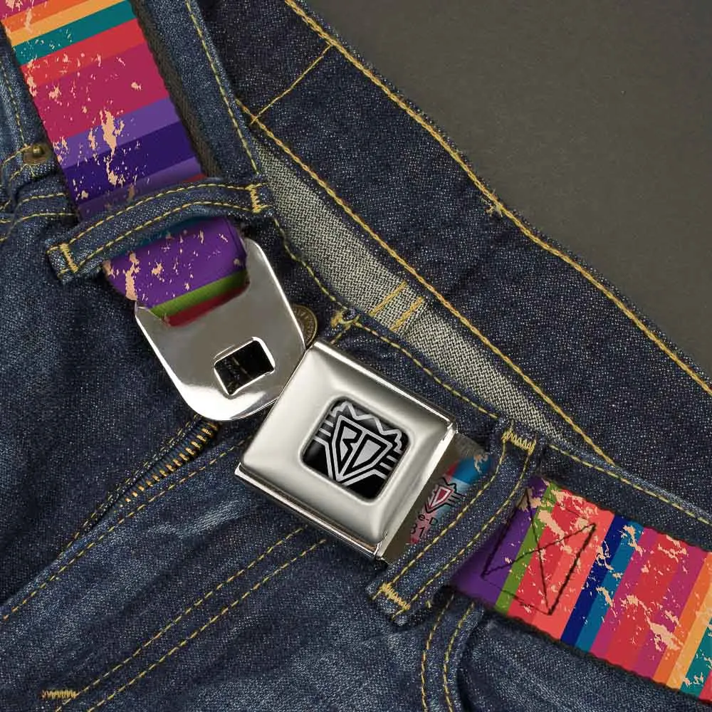BD Wings Logo CLOSE-UP Full Color Black Silver Seatbelt Belt - Lines Weathered Reds/Purples Webbing