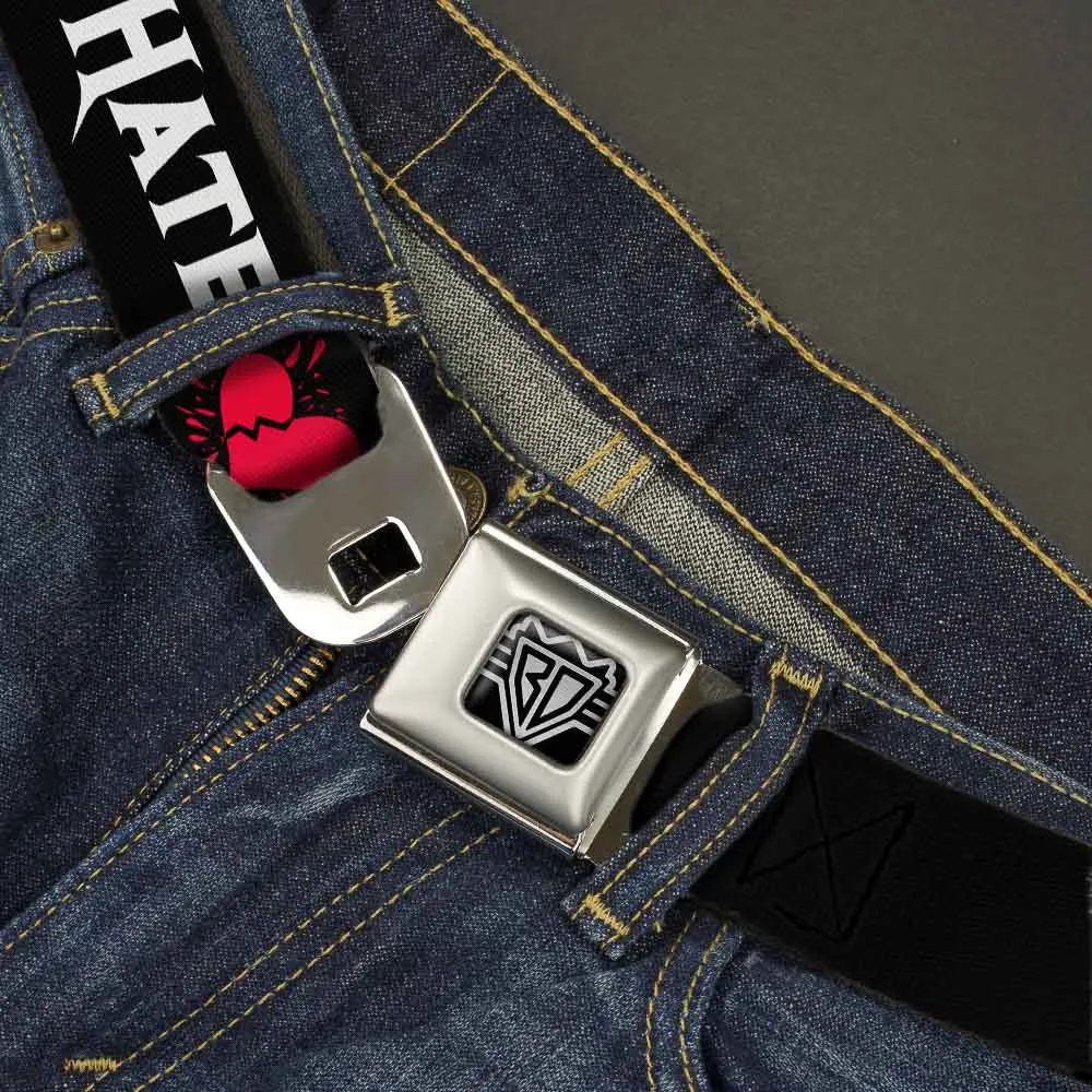 BD Wings Logo CLOSE-UP Full Color Black Silver Seatbelt Belt - Love/Hate Black/White/Fuchsia Webbing