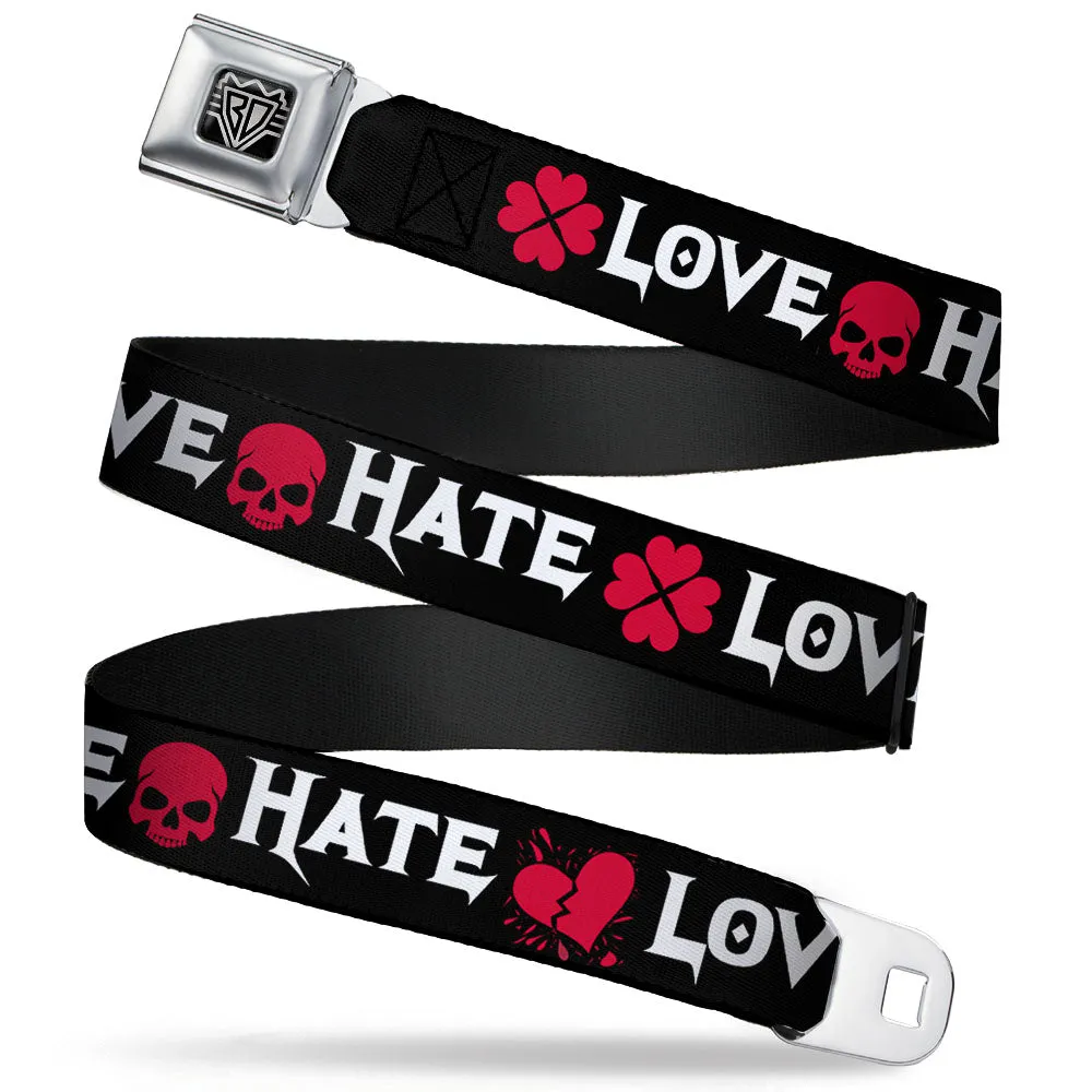 BD Wings Logo CLOSE-UP Full Color Black Silver Seatbelt Belt - Love/Hate Black/White/Fuchsia Webbing