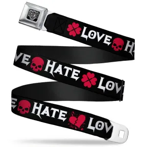 BD Wings Logo CLOSE-UP Full Color Black Silver Seatbelt Belt - Love/Hate Black/White/Fuchsia Webbing