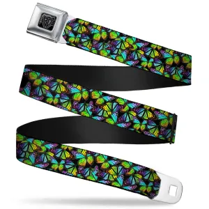 BD Wings Logo CLOSE-UP Full Color Black Silver Seatbelt Belt - Vivid Butterfly Garden2 Black/Multi Color Webbing