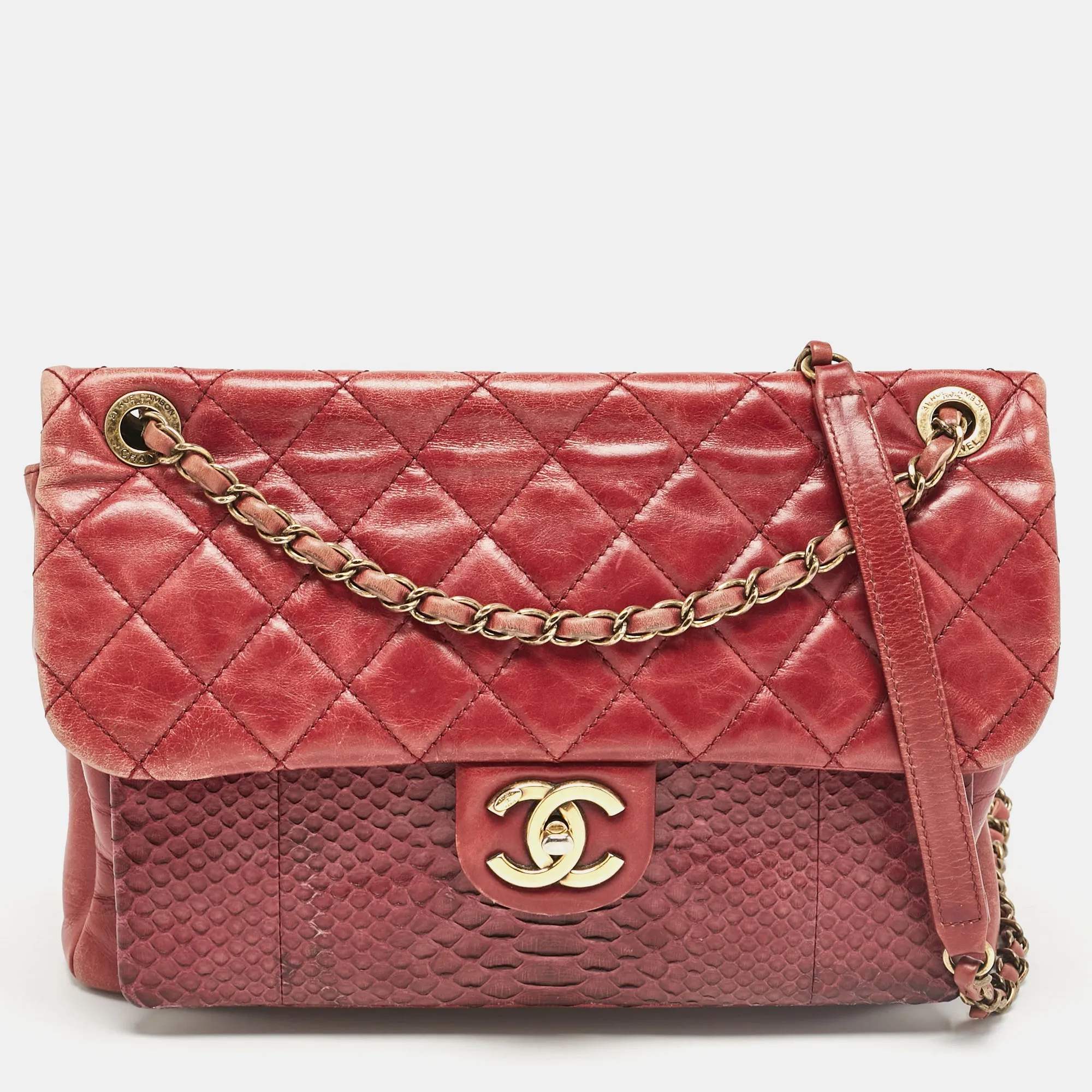 Burgundy Quilted Aged Leather and Python Large Urban Mix Flap Bag