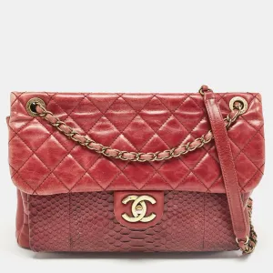 Burgundy Quilted Aged Leather and Python Large Urban Mix Flap Bag