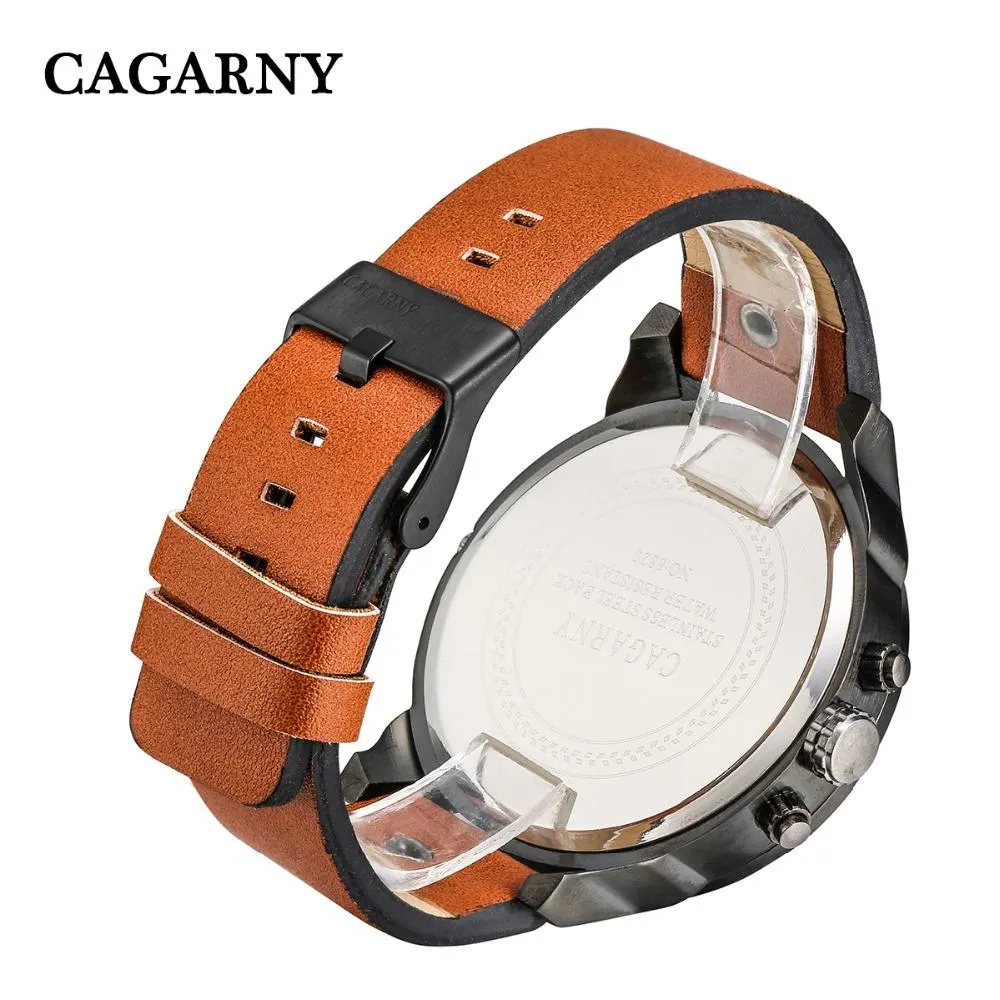 Cagarny Men's Quartz Watch  Date Dual Time Analog Leather Strap