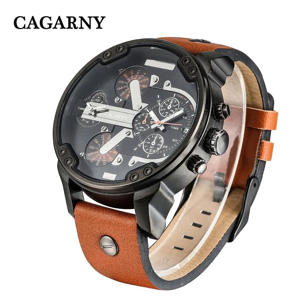 Cagarny Men's Quartz Watch  Date Dual Time Analog Leather Strap