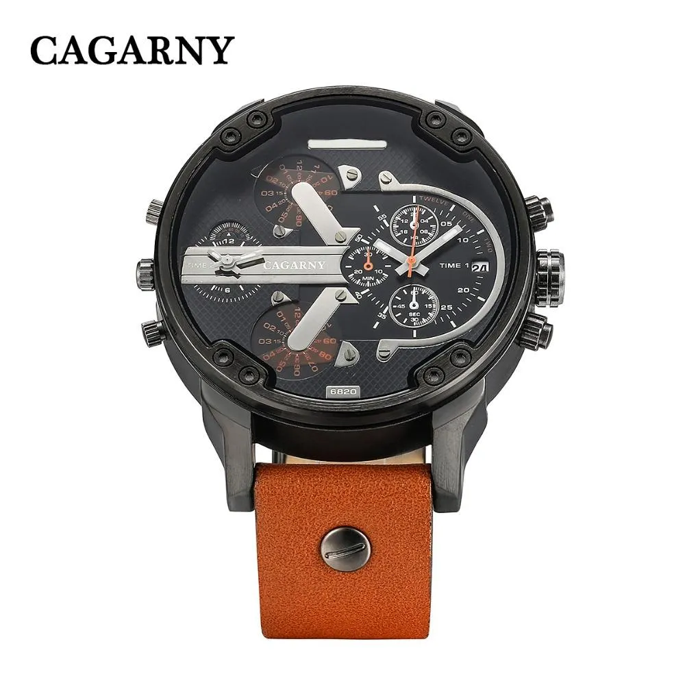 Cagarny Men's Quartz Watch  Date Dual Time Analog Leather Strap