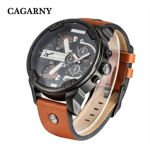 Cagarny Men's Quartz Watch  Date Dual Time Analog Leather Strap