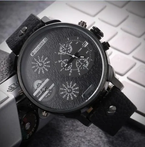 Cagarny Men's Quartz Watch  Date Dual Time Analog Leather Strap