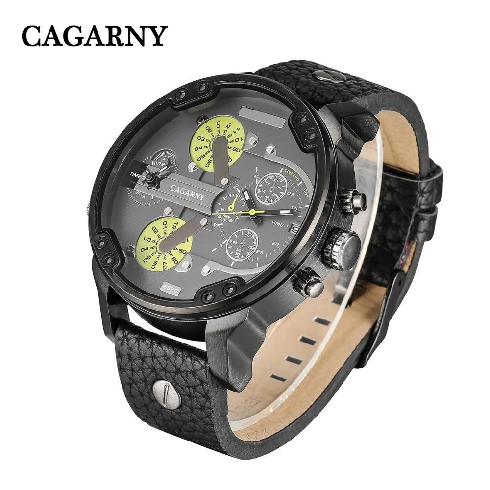 Cagarny Men's Quartz Watch  Date Dual Time Analog Leather Strap