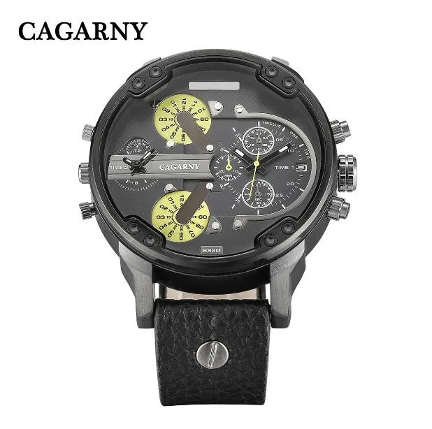 Cagarny Men's Quartz Watch  Date Dual Time Analog Leather Strap