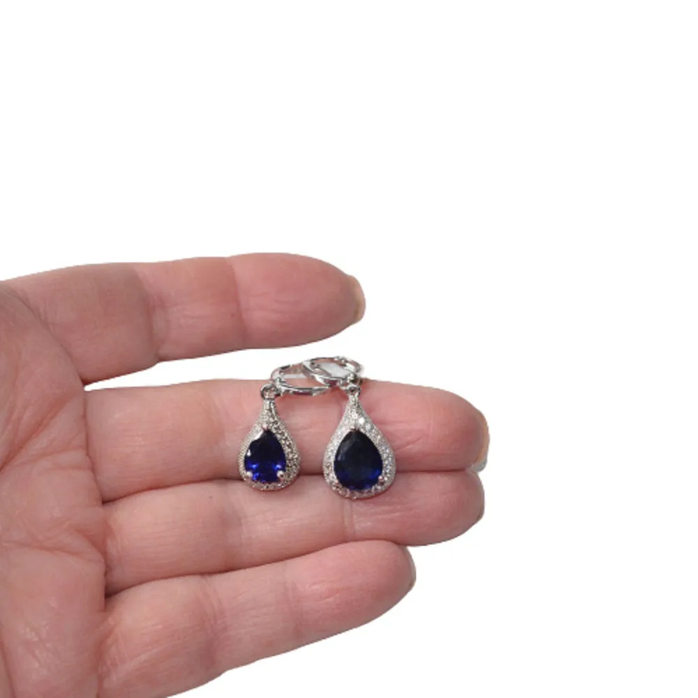 Ladies 925 Silver Sterling Crystal Blue Zircon Dangle Earrings