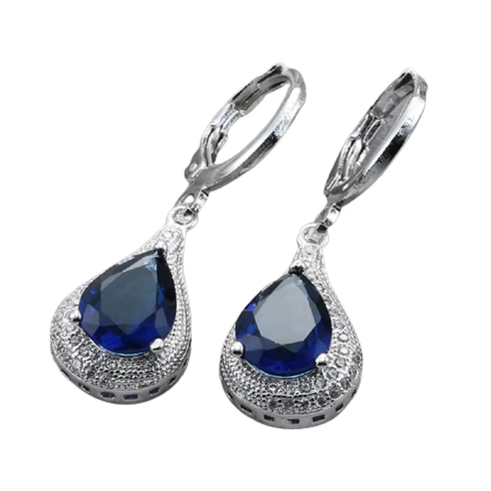 Ladies 925 Silver Sterling Crystal Blue Zircon Dangle Earrings