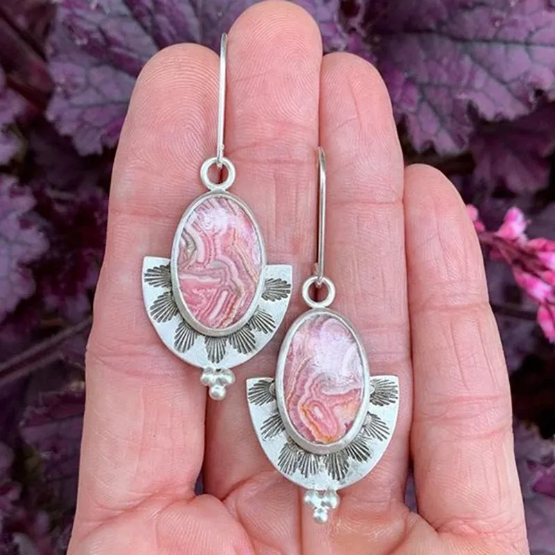 Ladies Silver Plated Pink Gemstone Vintage Drop Dangling Hook Earrings