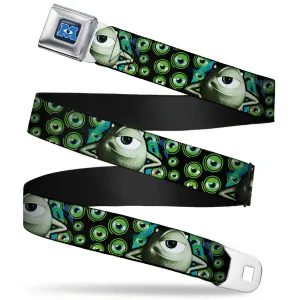 Monsters University Logo Full Color Blue White Seatbelt Belt - Mike Poses/Eyeballs Black/Greens Webbing