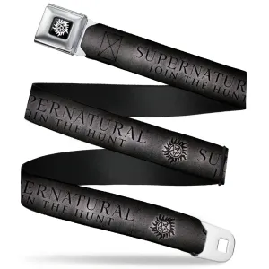 Winchester Logo Full Color Black White Seatbelt Belt - SUPERNATURAL-JOIN THE HUNT/Winchester Pentagram Grays/Black Webbing